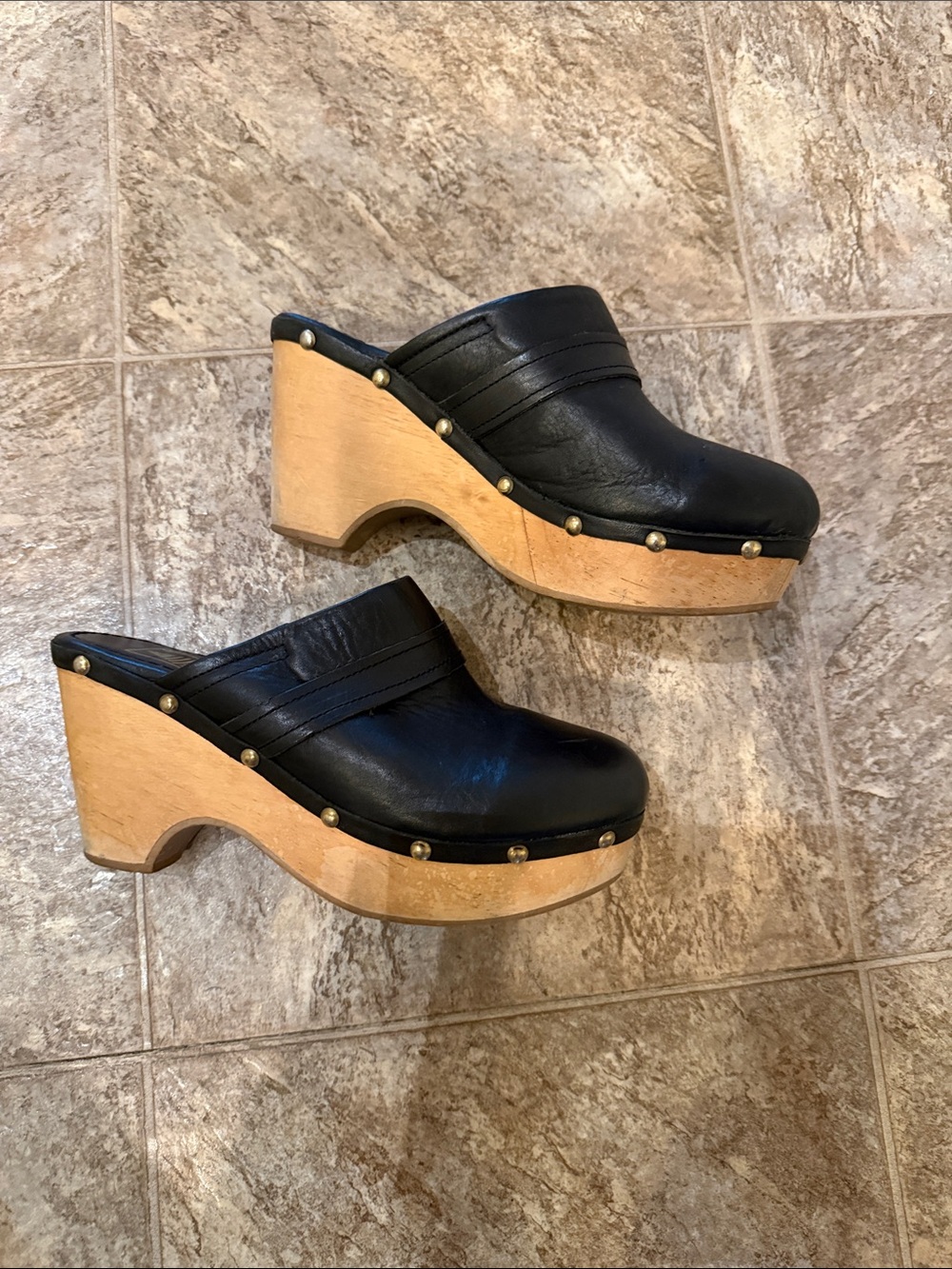 Aldo Black Leather Studded Wooden Clog Mules